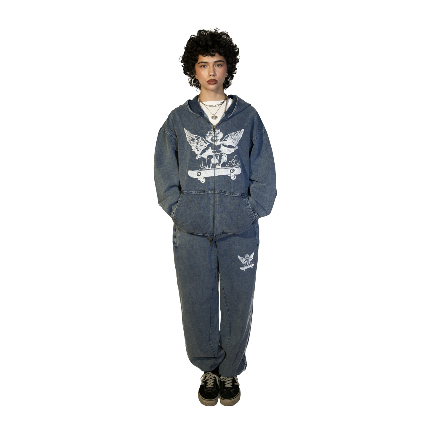 Kidross Angel Snow Wash Oversized Full Zip-Up Hoodie