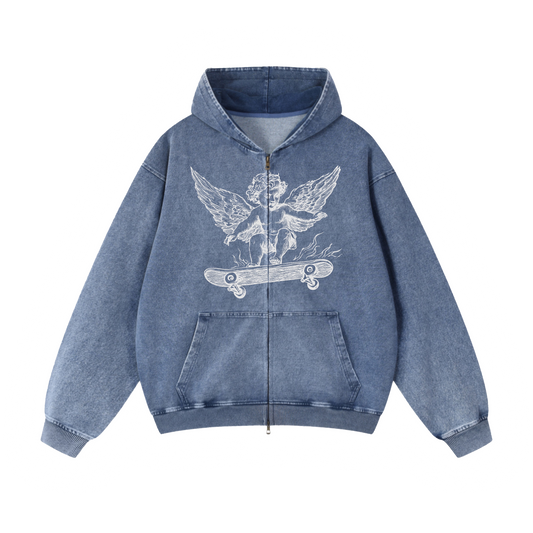 Kidross Angel Snow Wash Oversized Full Zip-Up Hoodie